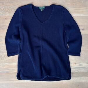 VTG 90s Lauren Ralph Lauren V Neck Sweater Heavy Navy 3/4 Sleeve Womens L/XL